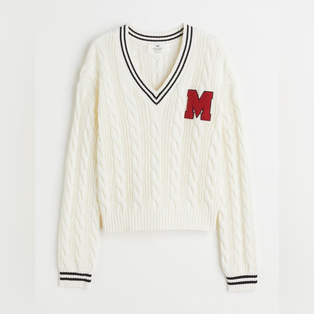 H&M Girls White V-Neck cotton Prep Sweater
